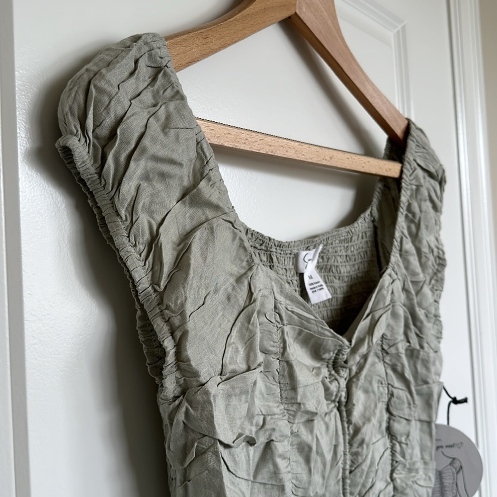 Japna Cinch Front Crop Top sz Medium Smock Back Off Shoulder Cap Sleeve Olive - Picture 4 of 13